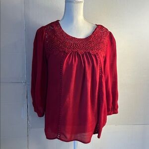 Figueroa Flower Womens Red Crochet Boho Christmas Holiday Party Blouse Sz M